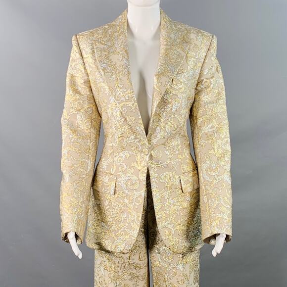 2 Metallic Gold Silver Polyamide Blend Jacquard Peak Lapel Pantsuit - Picture 1 of 16